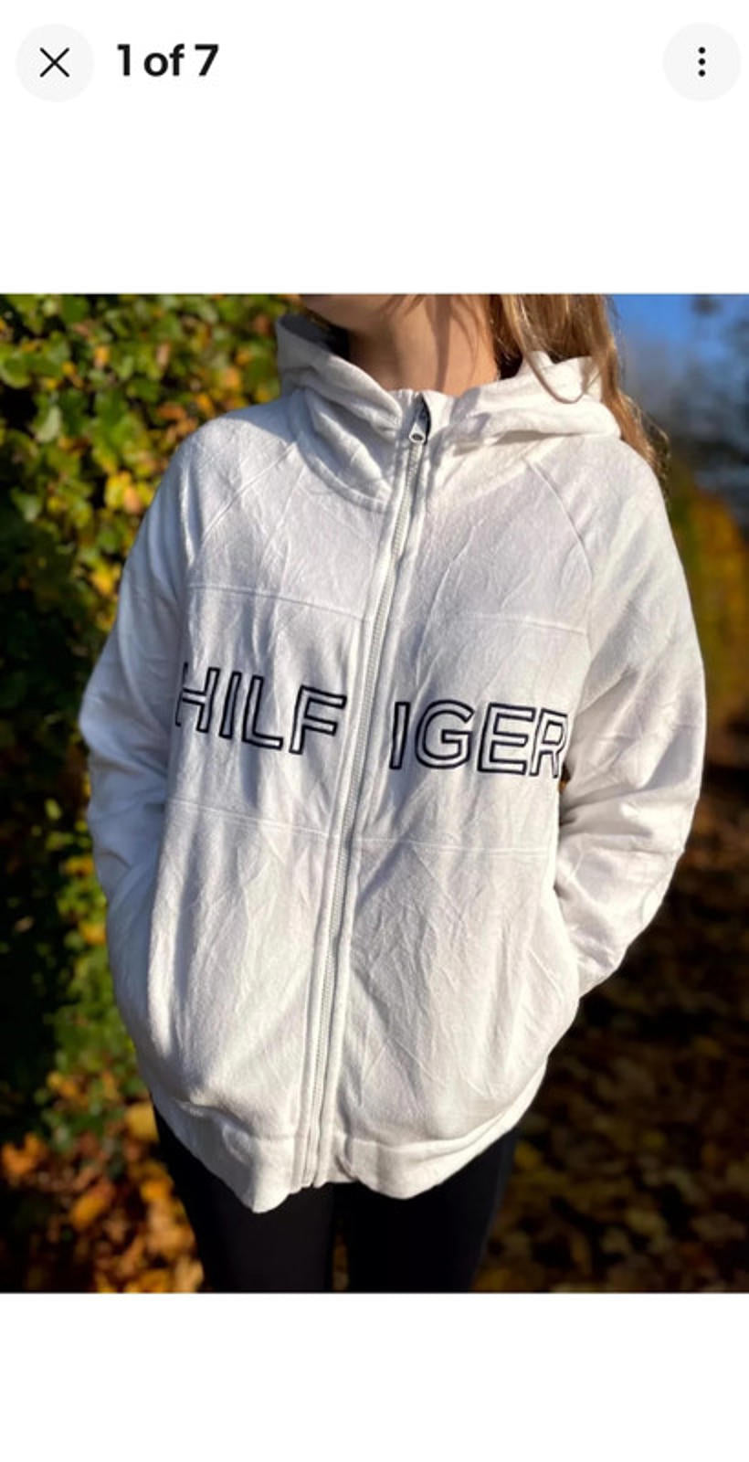 Vintage White Tommy Hilfiger Full Zip Fleece Hoodie Jacket - L/Large