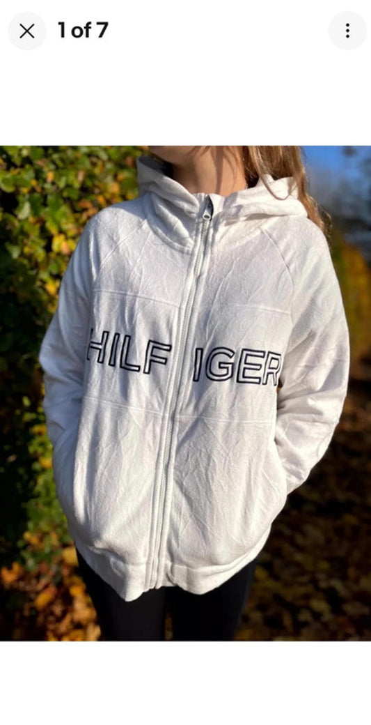 Vintage White Tommy Hilfiger Full Zip Fleece Hoodie Jacket - L/Large
