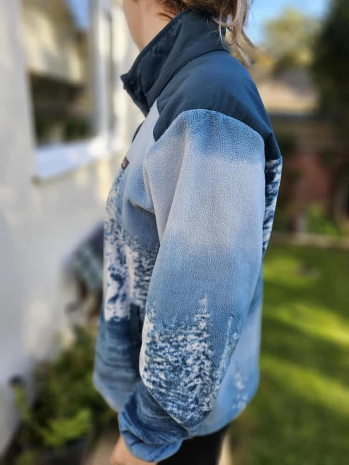 Columbia Snap Button Winter Scene Blue Full Print Pullover Fleece Jumper - XL