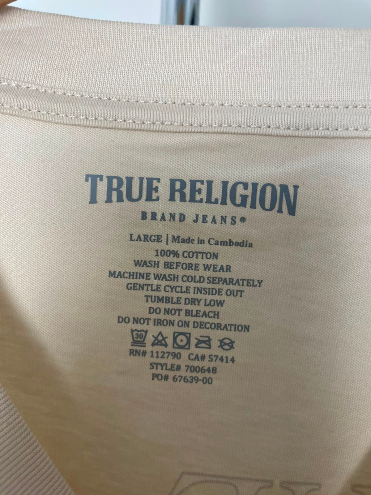 True Religion Men's Big Back Graphic Short Sleeve Tee/Top/T-Shirt  L/Large Beige