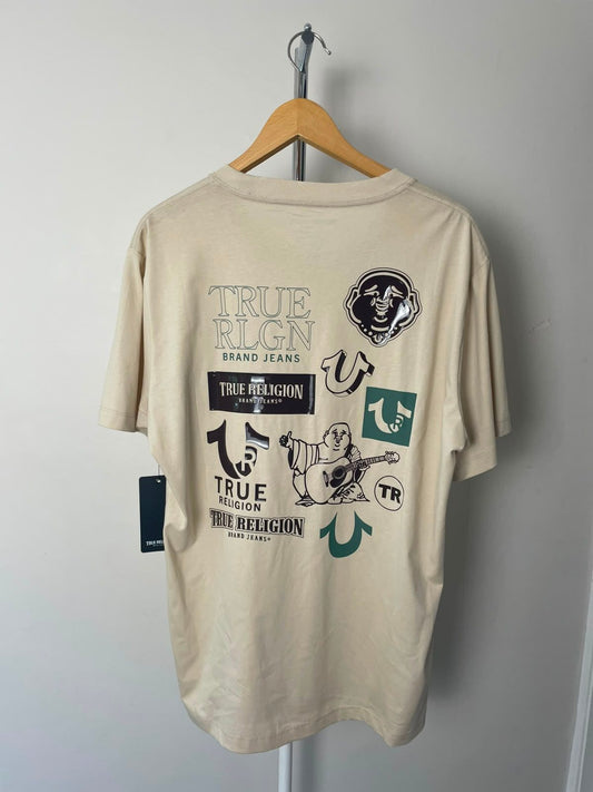 True Religion Men's Big Back Graphic Short Sleeve Tee/Top/T-Shirt  L/Large Beige