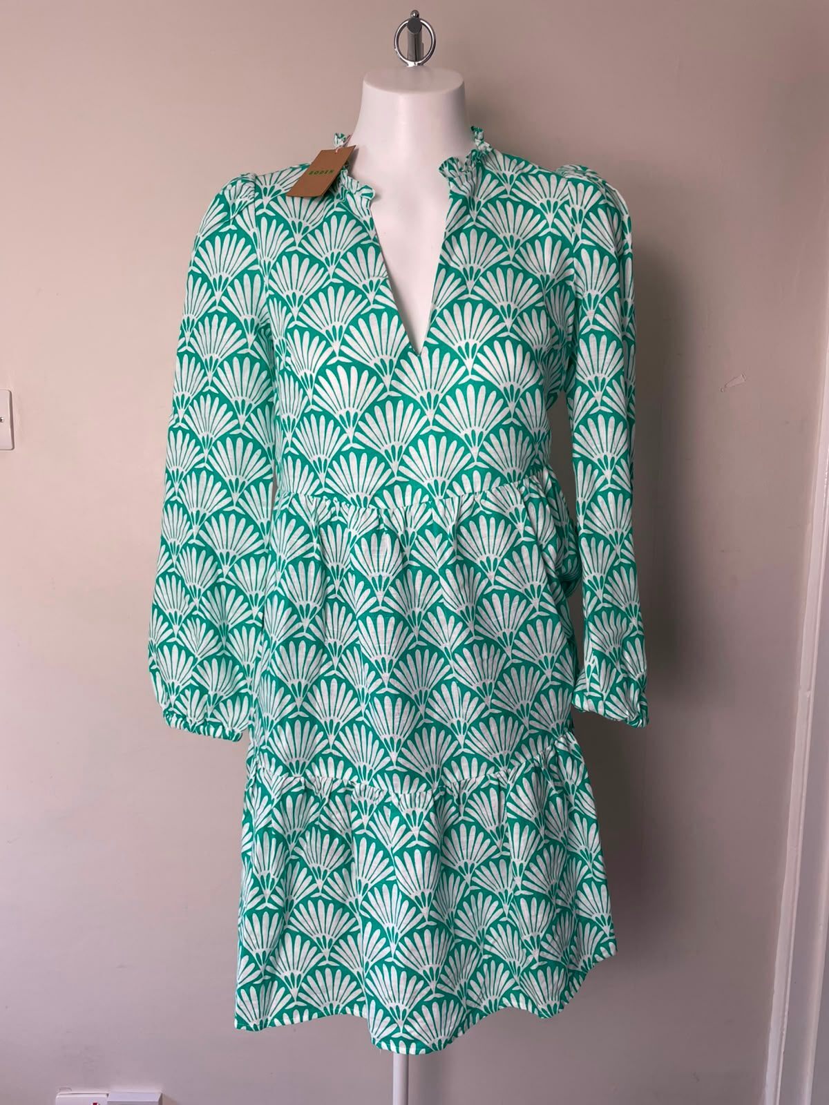 Boden Women's Esme Linen Pattern Print Mini Dress - UK 10 R Green/White RRP £126