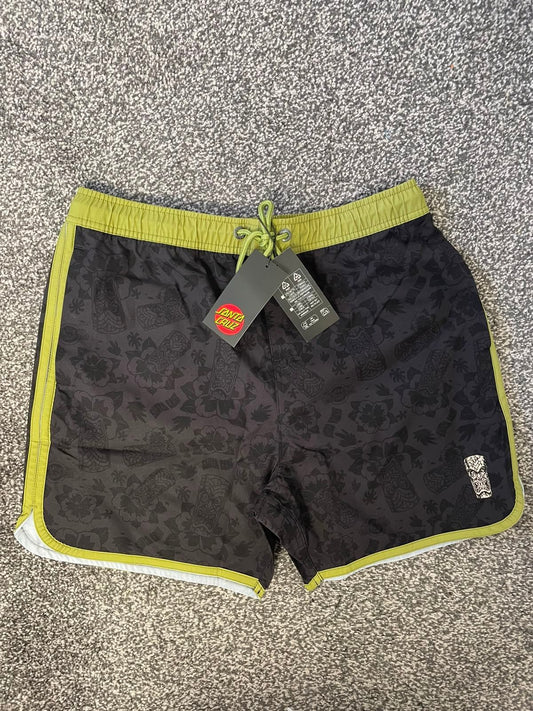 Santa Cruz Tiki Voodoo Pattern Print Style Swim Shorts - S/Small 30 Black/Green