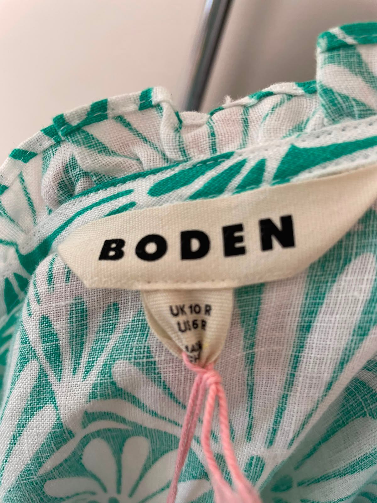 Boden Women's Esme Linen Pattern Print Mini Dress - UK 10 R Green/White RRP £126