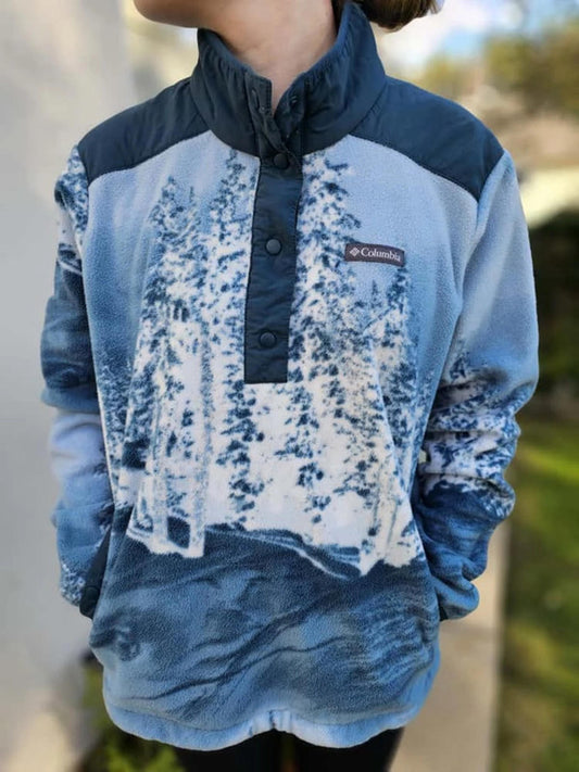 Columbia Snap Button Winter Scene Blue Full Print Pullover Fleece Jumper - XL