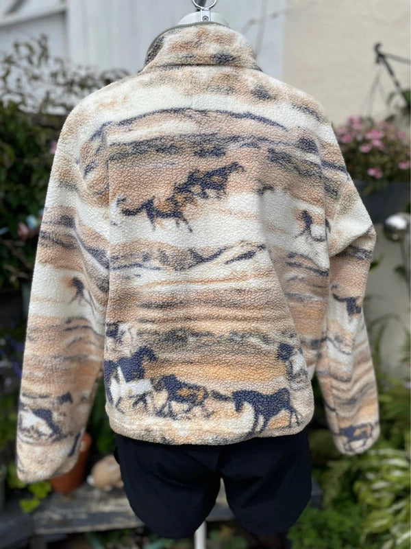 Columbia Women's Pullover Snap Button Fleece Jumper Horse Equine Print - L/Large