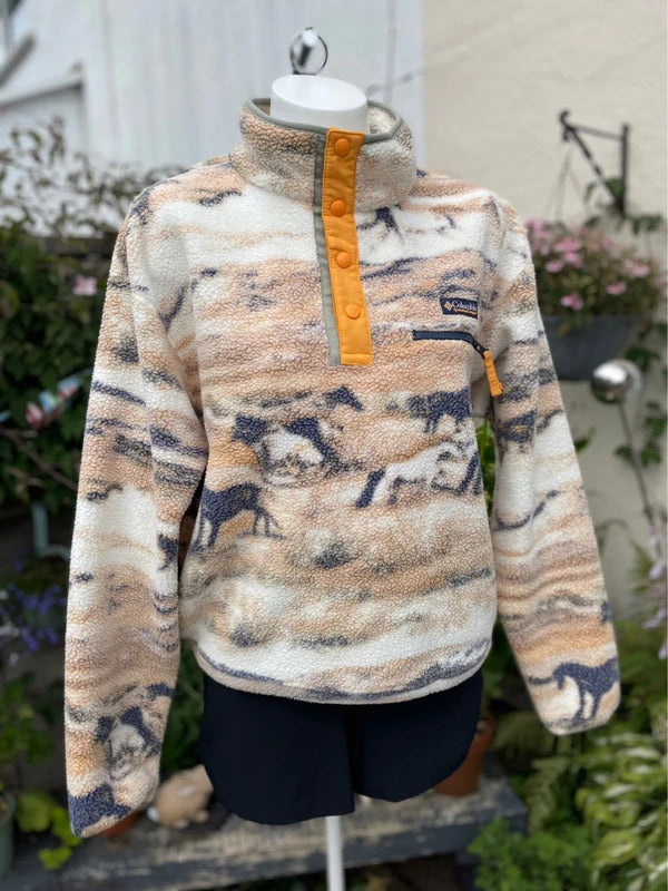 Columbia Women's Pullover Snap Button Fleece Jumper Horse Equine Print - L/Large