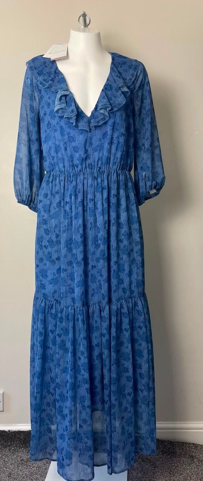 Tommy Hilfiger Women's Frill Neck Printed Maxi Dress - UK 12 - Blue - RRP £230