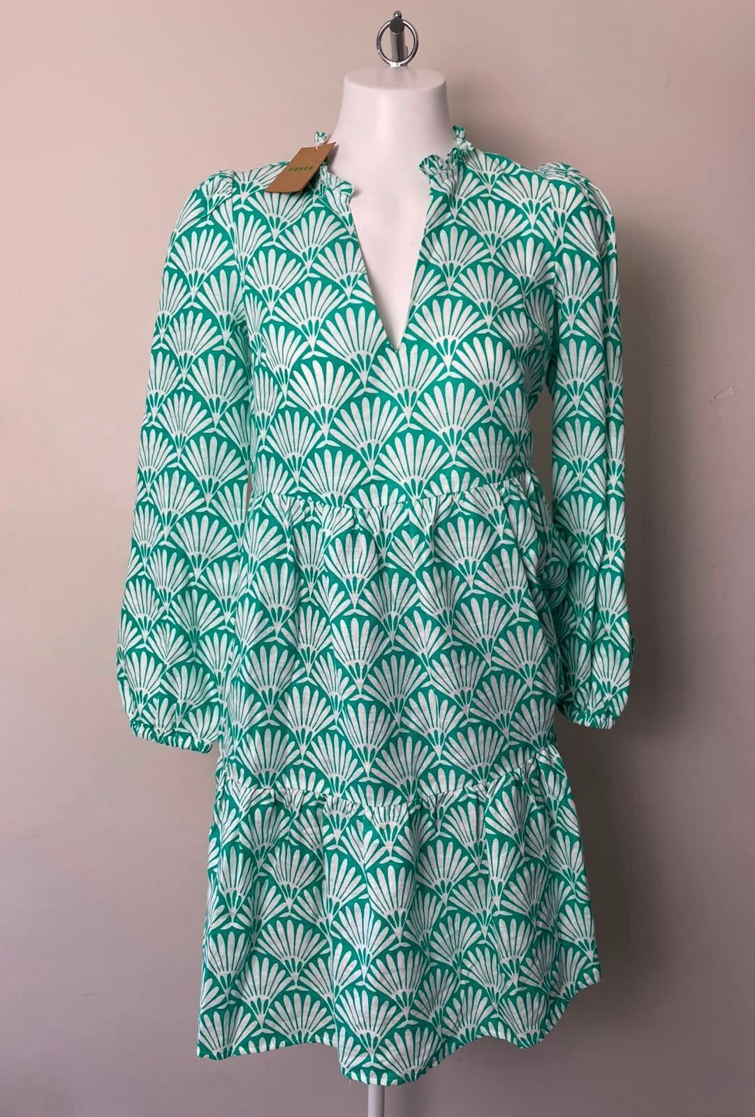 Boden Women's Esme Linen Pattern Print Mini Dress - UK 10 R Green/White RRP £126